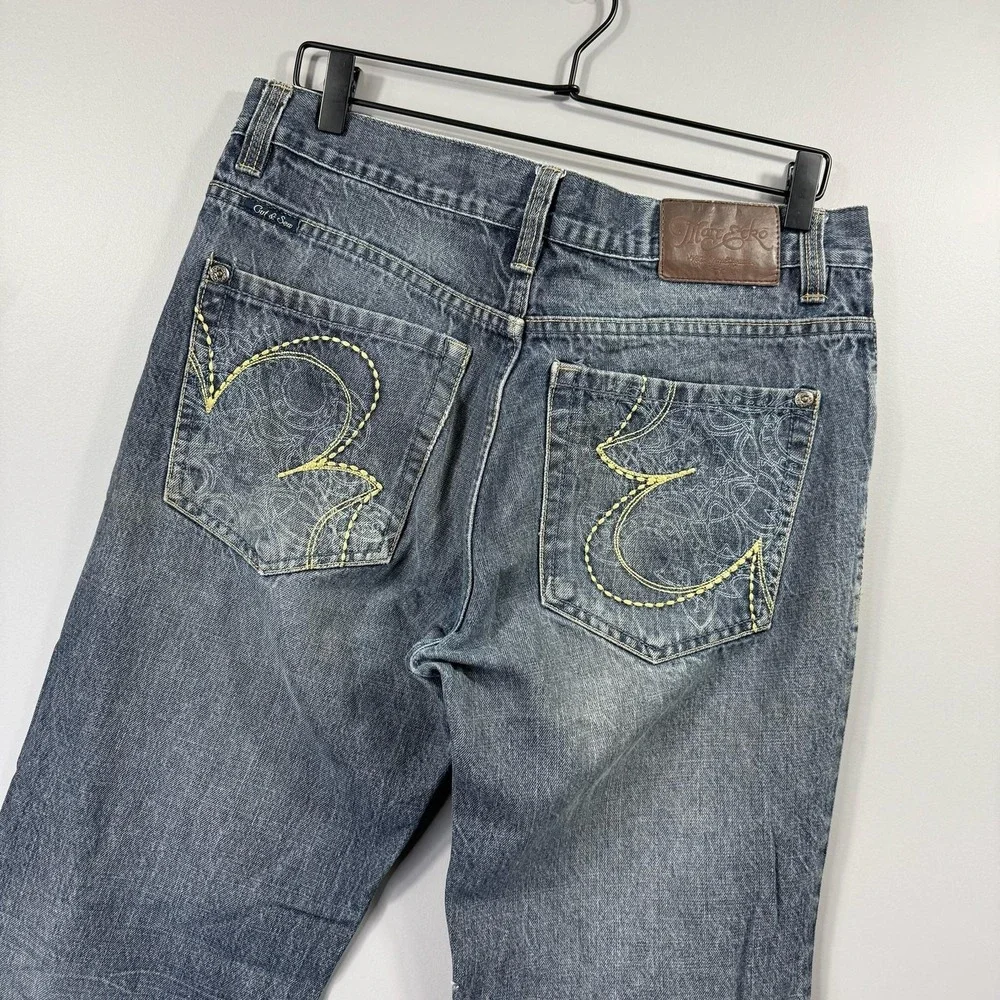 Marc Ecko Jeans Mens 34x32 Blue Medium Wash Denim Bootcut Embroidered Pockets